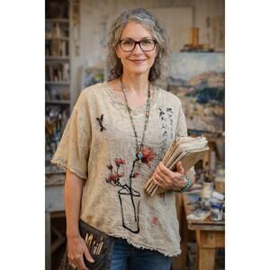 JESS & JANE WOMENS TOP SIZE XL Neutral Asian Boho Vibe Cozy Raw Hem Made In USA